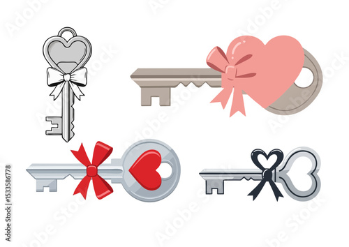 Key illustration with heart-shaped bow symbolizing unlocking love, simplified metallic texture