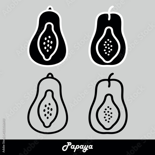 Four simple papaya fruit illustrations black white
