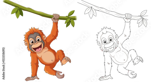 Adorable Baby Orangutan Hanging from Jungle Vine with One Hand