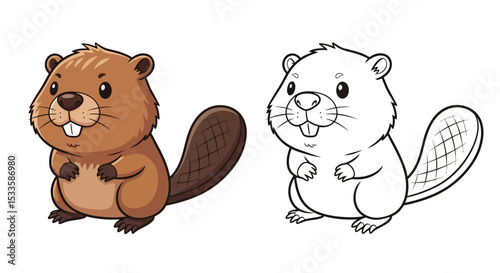 Chibi Cartoon Beaver with Big Round Face, Cute Whimsical Style