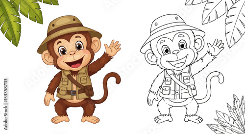 Friendly Cartoon Monkey with Explorer Vest & Jungle Hat