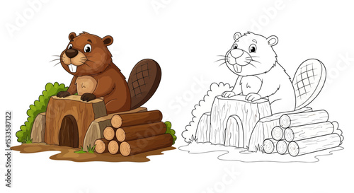 Playful Cartoon Beaver Building Dam with Logs Stacked