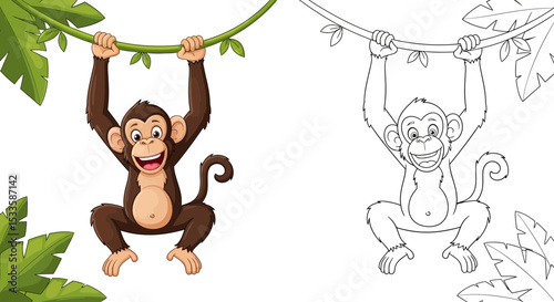 Playful Cartoon Chimpanzee Swinging Enthusiastically on Vine