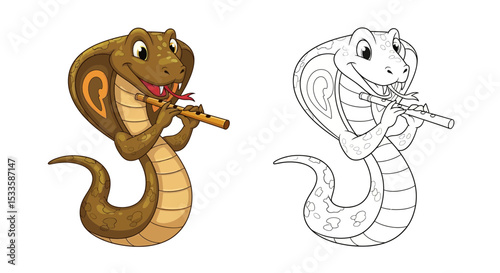 Playful Cartoon Cobra Pretending to Charm Itself with Flute