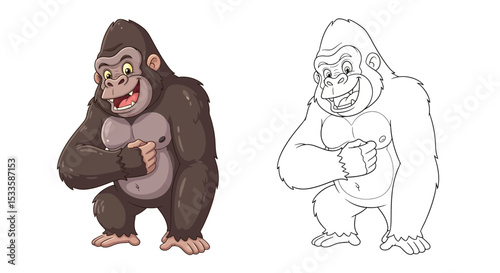 Playful Cartoon Gorilla Beating Chest with Goofy Grin