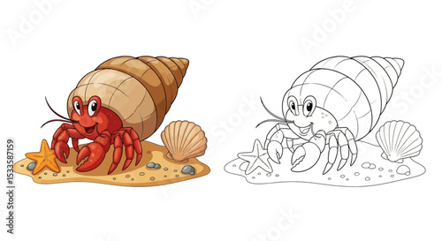 Playful Cartoon Hermit Crab Crawling on Beach with Shell & Starfish