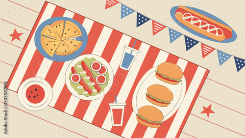 Overhead view of a picnic with burgers, hotdog, pizza, salad, drinks and patriotic bunting on a striped blanket