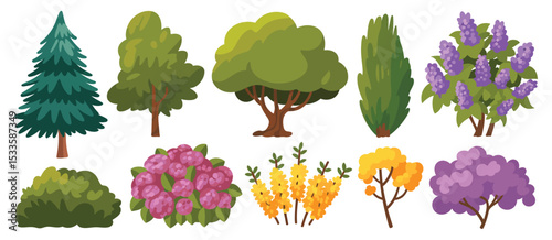 Collection of cartoon trees shrubs and flowers