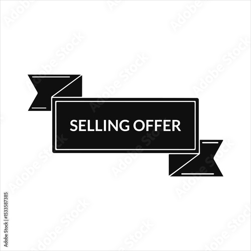 Selling Offer Black Angular Ribbon Label on White Background