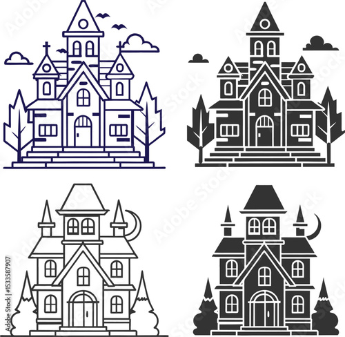 Silhouette Haunted House Flat Illustration Spooky Gothic Mansion Vector Design