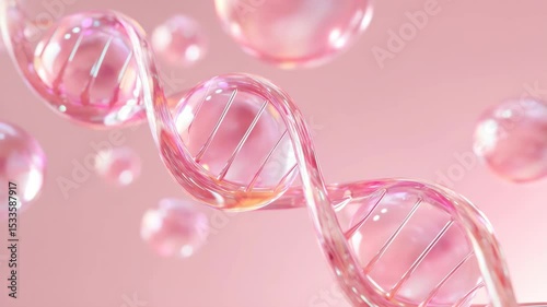Close-up of pink transparent DNA strands floating in soft light, ideal for science, genetics, or biotech themes, science and technology innovation