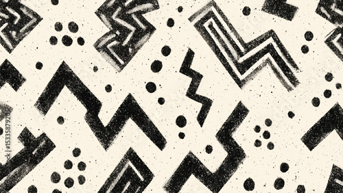Abstract hand drawn geometric pattern with textured details in black and cream color palette featuring zigzag and dotted elements for seamless background design.