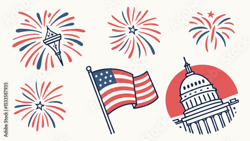 Illustration of american flag, capitol building, fireworks in red, white, and blue on a white background