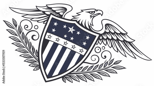 Illustration of an eagle with spread wings above a shield with stars and stripes and floral elements