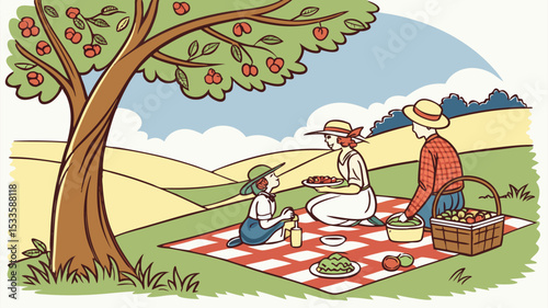 Family is enjoying a picnic under an apple tree on a sunny day with rolling hills in the background