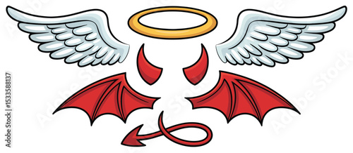 Cartoon angel wings devil horns and tail set