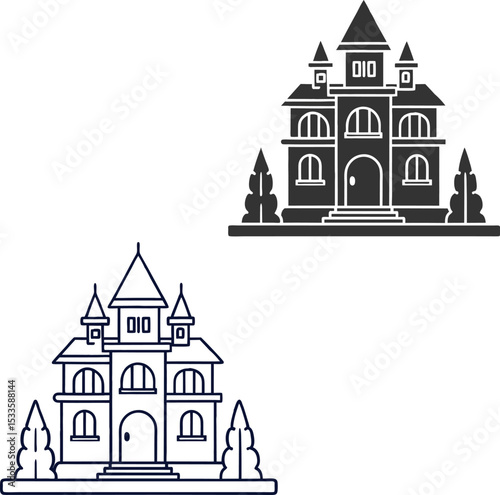 Silhouette Haunted House Flat Illustration Spooky Gothic Mansion Vector Design