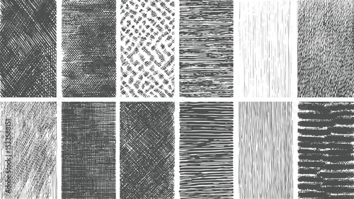 Collection of hand drawn textured patterns featuring varying line styles for graphic design and artistic backgrounds.