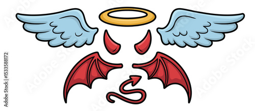 Cartoon angel and devil wings horns halo tail set
