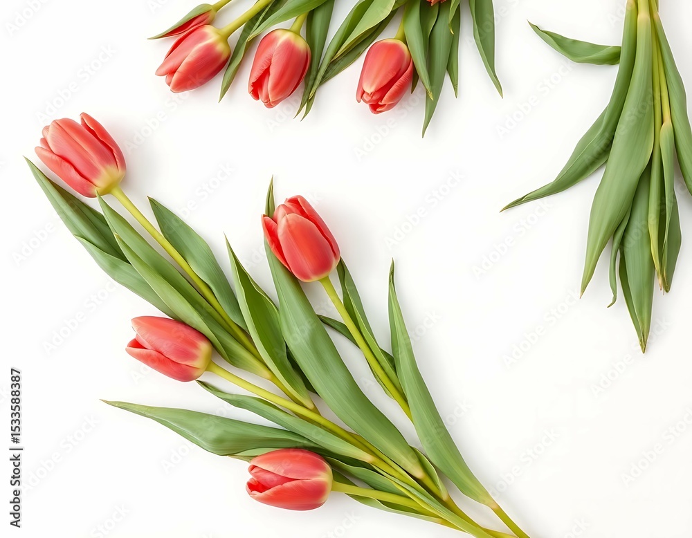 Obraz premium Arrangement of Red Tulips with Green Leaves on White Background