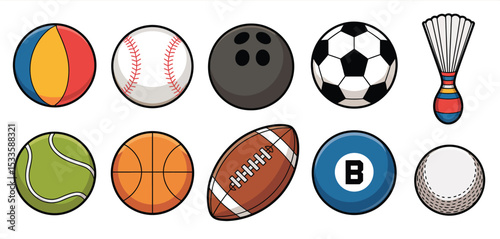 Collection of cartoon sports balls and equipment