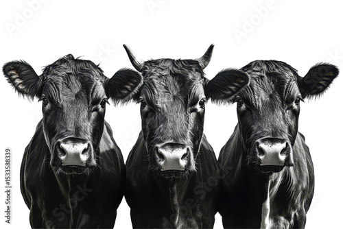 Collection of three black and white cows standing side by side against a bright background in a rural setting during the day, emphasizing their unique features and expressions
