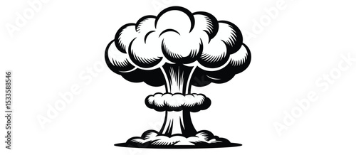 Black and white atomic bomb explosion illustration