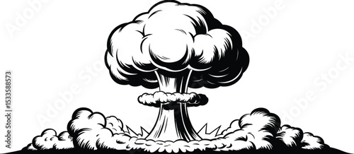 Black and white atomic bomb explosion illustration