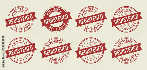 Eight red registered stamps with ribbon banner