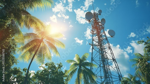 Transmission Tower with Satellite Dish in a Blue Sky.

