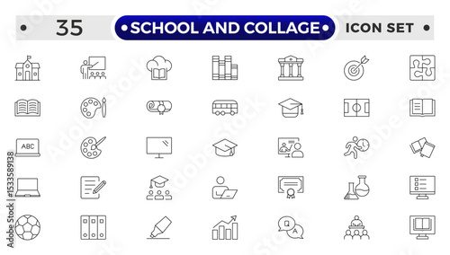 School and Collage outline Icon Set. Back to School, College, Study Tools & Education Vector Collection.