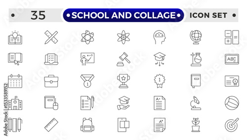 School and Collage outline Icon Set. Back to School, College, Study Tools & Education Vector Collection.