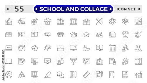 School and Collage outline Icon Set. Back to School, College, Study Tools & Education Vector Collection.