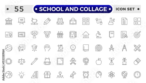 School and Collage outline Icon Set. Back to School, College, Study Tools & Education Vector Collection.