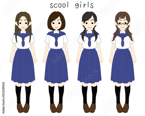 セーラー服の女子高生4人組カラー
