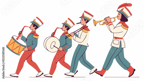 A marching band of four musicians playing instruments and wearing uniforms in a parade formation line up