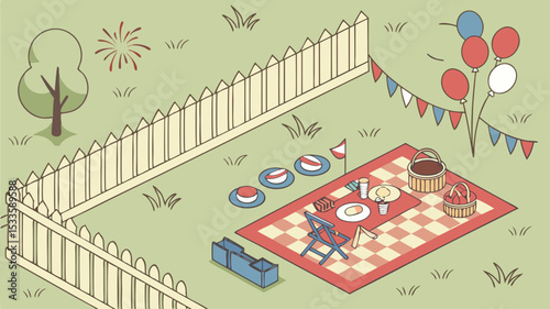 A backyard picnic scene with a checkered blanket, baskets, chair, balloons, and a white picket fence