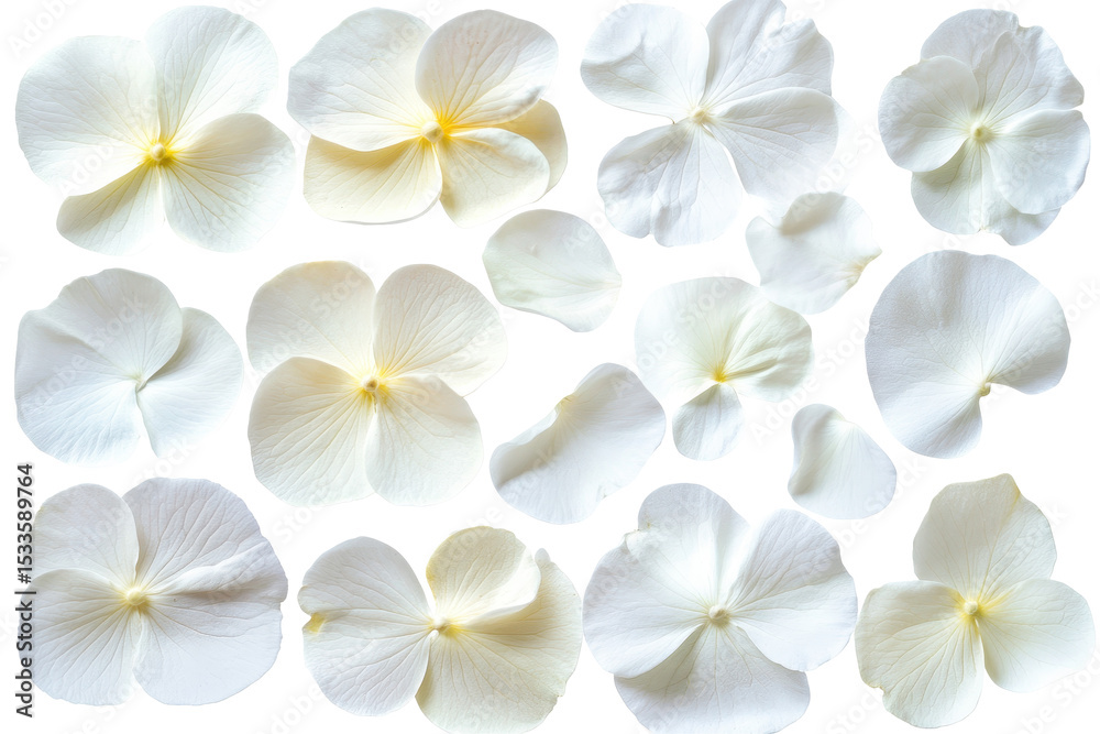 Fototapeta premium Collection of delicate white flower petals isolated against a bright background showcasing their intricate shapes and textures