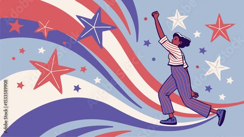 Illustration of a woman with raised fist against a backdrop of patriotic stars and waving red white blue