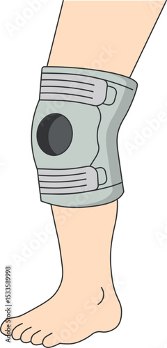 Leg Wearing a Knee Support Brace Illustration An illustration of a knee support brace worn on the leg. This image is useful for medical, orthopedic, caregiving, rehabilitation content.