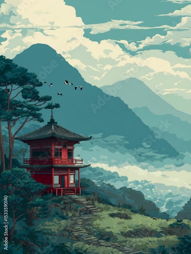Japanese-style pagoda temple in mountain valley, rendered in serene, stylized art for travel or culture themes