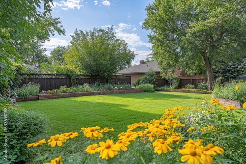 Sunny backyard with vibrant flowers and lush grass.  A well-maintained residential garden with a brick border and a wooden fence, bathed in natural sunlight