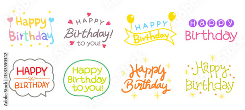 Colorful Happy Birthday text designs collection with hearts, balloons and decorative elements. Vector design elements.