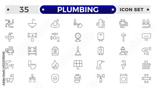 Heating, Ventilation and Plumbing (HVAC & Plumbing) outline Icon Set – Home Maintenance, Repair & Construction Vector Collection.