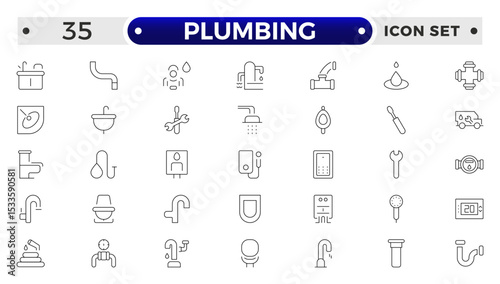 Heating, Ventilation and Plumbing (HVAC & Plumbing) outline Icon Set – Home Maintenance, Repair & Construction Vector Collection.