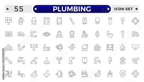 Heating, Ventilation and Plumbing (HVAC & Plumbing) outline Icon Set – Home Maintenance, Repair & Construction Vector Collection.