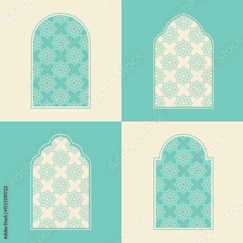 Elegant Islamic window arch vector, highlighting diverse arabesque geometric shapes and intricate patterns