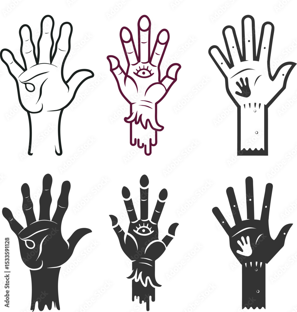 Fototapeta premium Silhouette Zombie Hand Flat Illustration Creepy Halloween Vector Art for Horror Decor & Scary Party Designs.