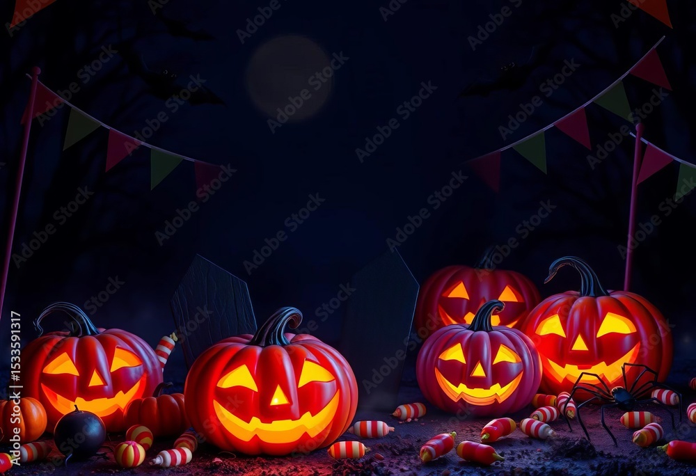 Fototapeta premium Glowing pumpkins, candy, bats, coffin, flags & spiders on a Halloween night background, vector, bat