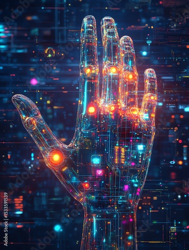 Ultra highdefinition illustration of a colorful digital AI hand representing artificial intelligence and futuristic technology photo